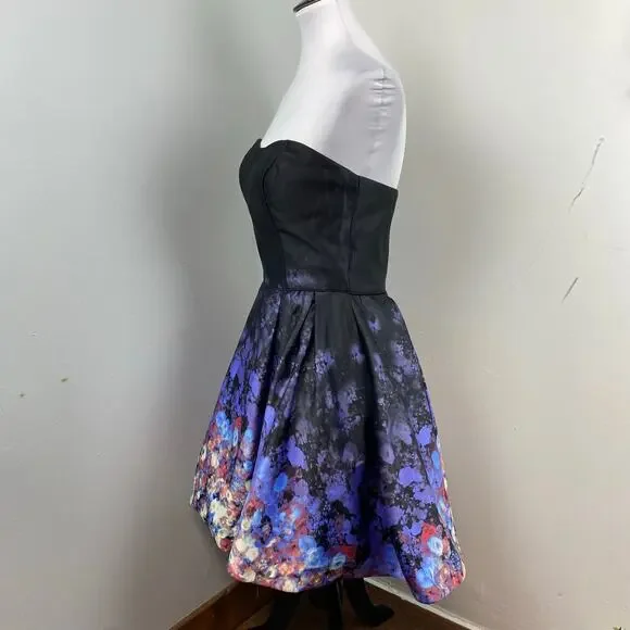 Betsy & Adam Black Satin Floral Strapless Fit & Flare Party Dress Size 10 - Picture 5 of 11